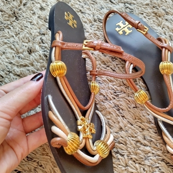 Tory Burch CAPRI MULTI STRAP SANDAL MOCHA TOASTED BARK GOLD sz 9 - Picture 4 of 7